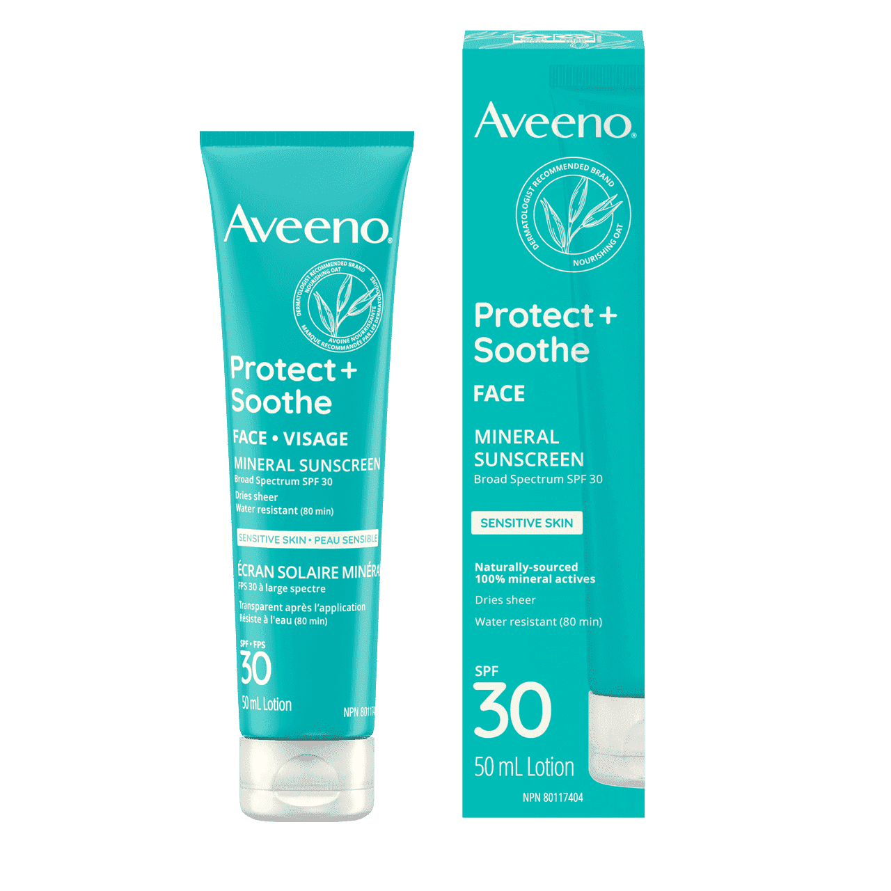 AVEENO® Protect + Soothe Face Mineral Sunscreen for Sensitive Skin with SPF 30, squeeze tube, 50 mL