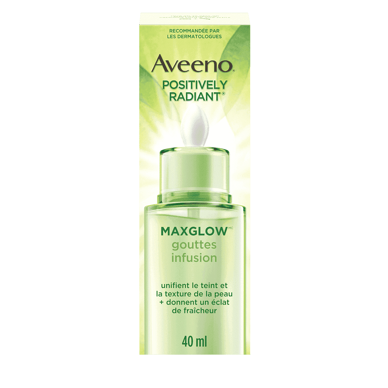 A packet of AVEENO® POSITIVELY RADIANT® MAXGLOW™ Infusion Drops, 40mL