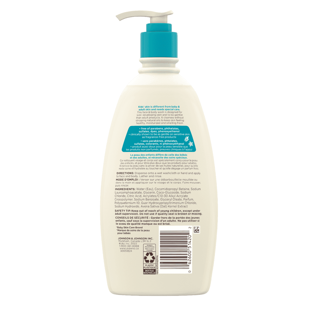 Aveeno Kids Sensitive Skin Face & Body Wash bottle, 532mL