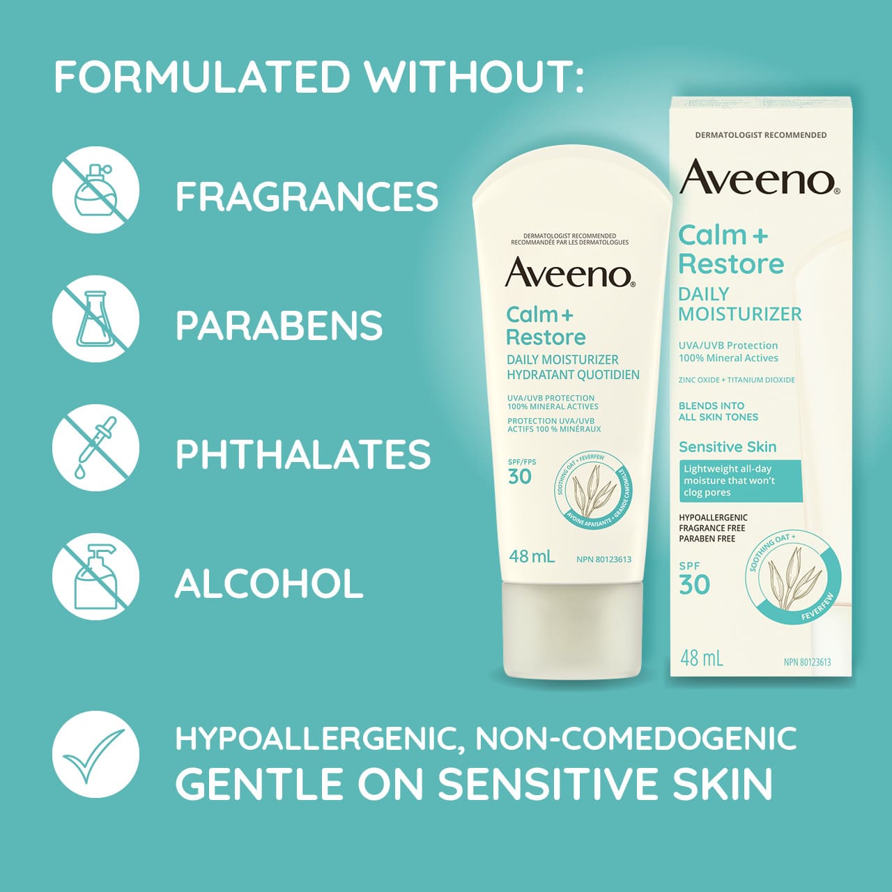 Aveeno® Calm + Restore Daily Moisturizer Mineral SPF 30, squeeze tube with its package and product formulation information