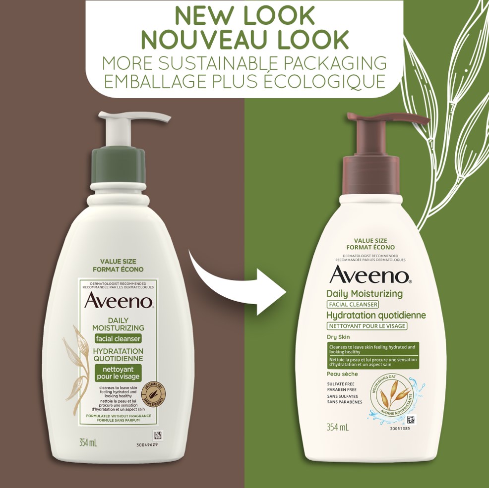 The old and new look of Aveeno Daily Moisturizing Face Cleanser bottles with a text indicating, ‘More sustainable packaging.'