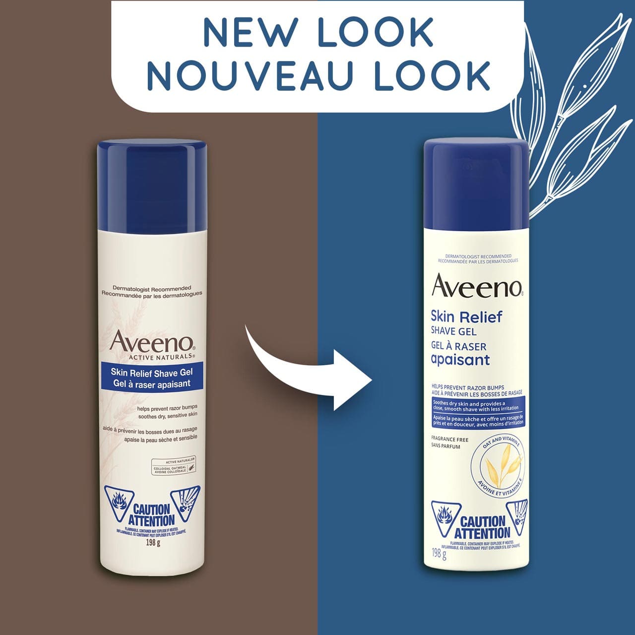An old and a new packaging of Aveeno Skin Relief Shave Gel squeeze bottle, 198g and a text stating 'New Look'
