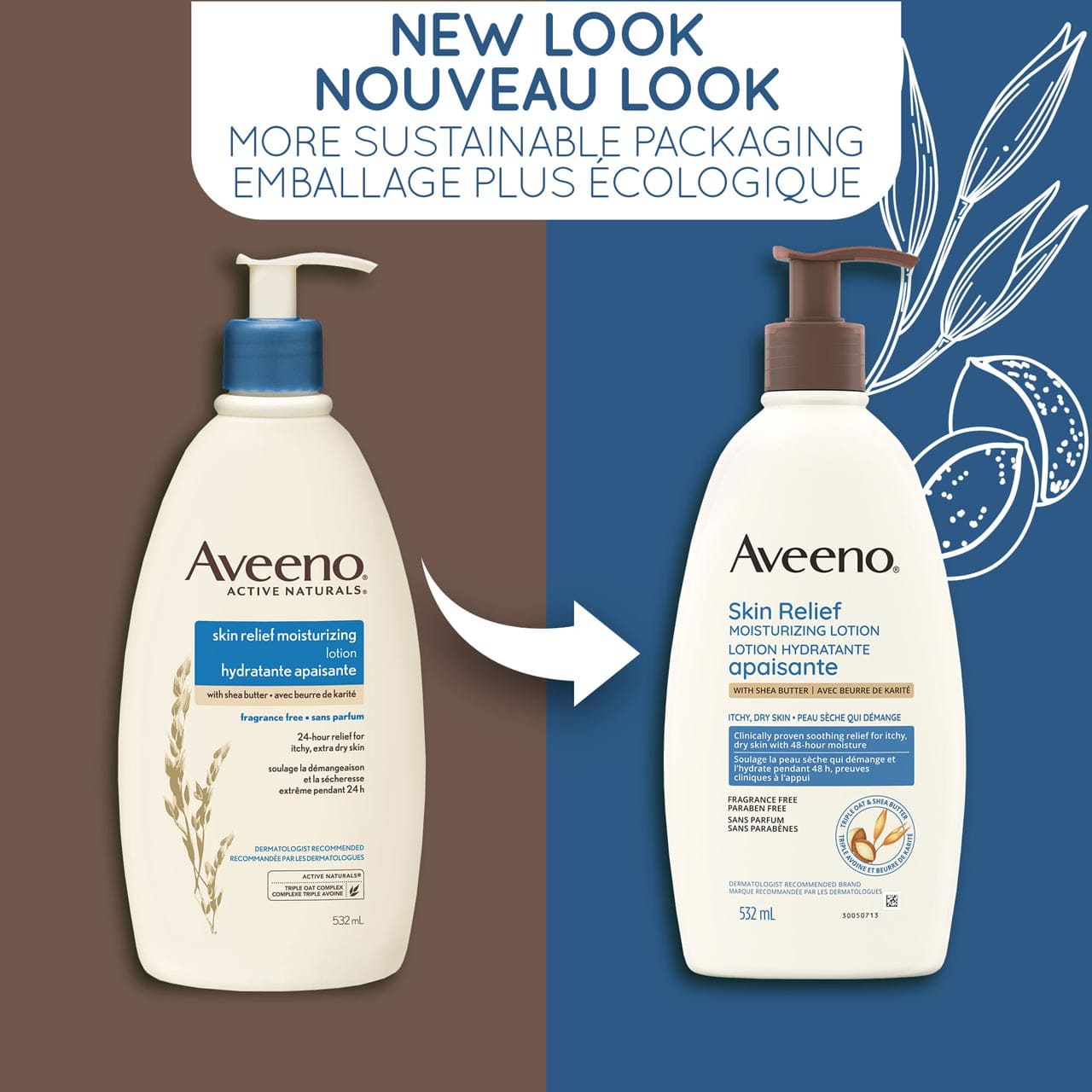 An old and a new packaging of Aveeno Skin Relief Moisturizing Lotion Fragrance Free, pump bottle, 532mL and a text stating 'New Look, More Sustainable Packaging'