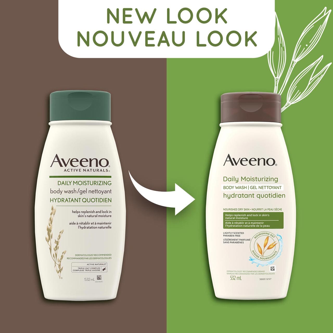 An old and a new packaging of Aveeno Daily Moisturizing Body Wash squeeze bottle, 532mL and a text stating 'New Look'