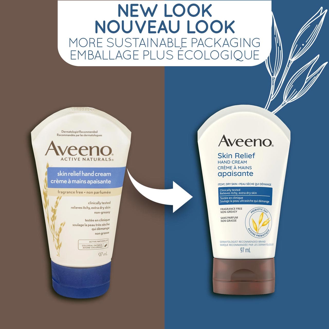 An old and a new packaging of Aveeno Skin Relief Hand Cream squeeze tube, 97mL and a text stating 'New Look, More Sustainable Packaging'