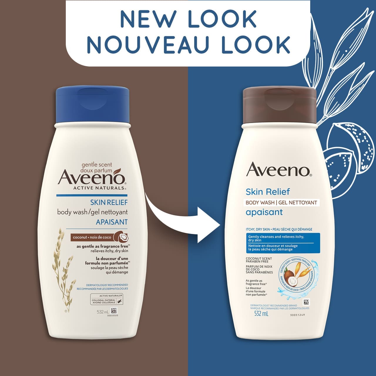 Old and new packaging of AVEENO® Skin Relief Gentle Scent Coconut Body Wash, 532mL pump bottle, with text 'new look'