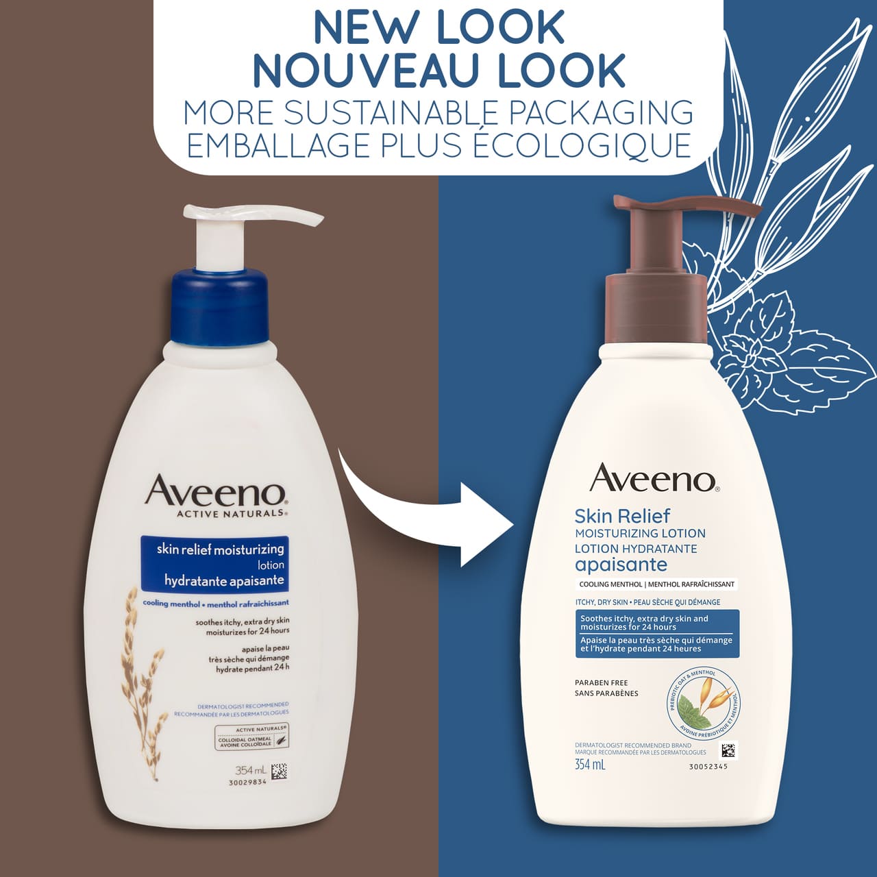Old and new packaging of AVEENO® Daily Moisturizing Lotion Sheer Hydration , 532 mL bottles, with text 'new look'