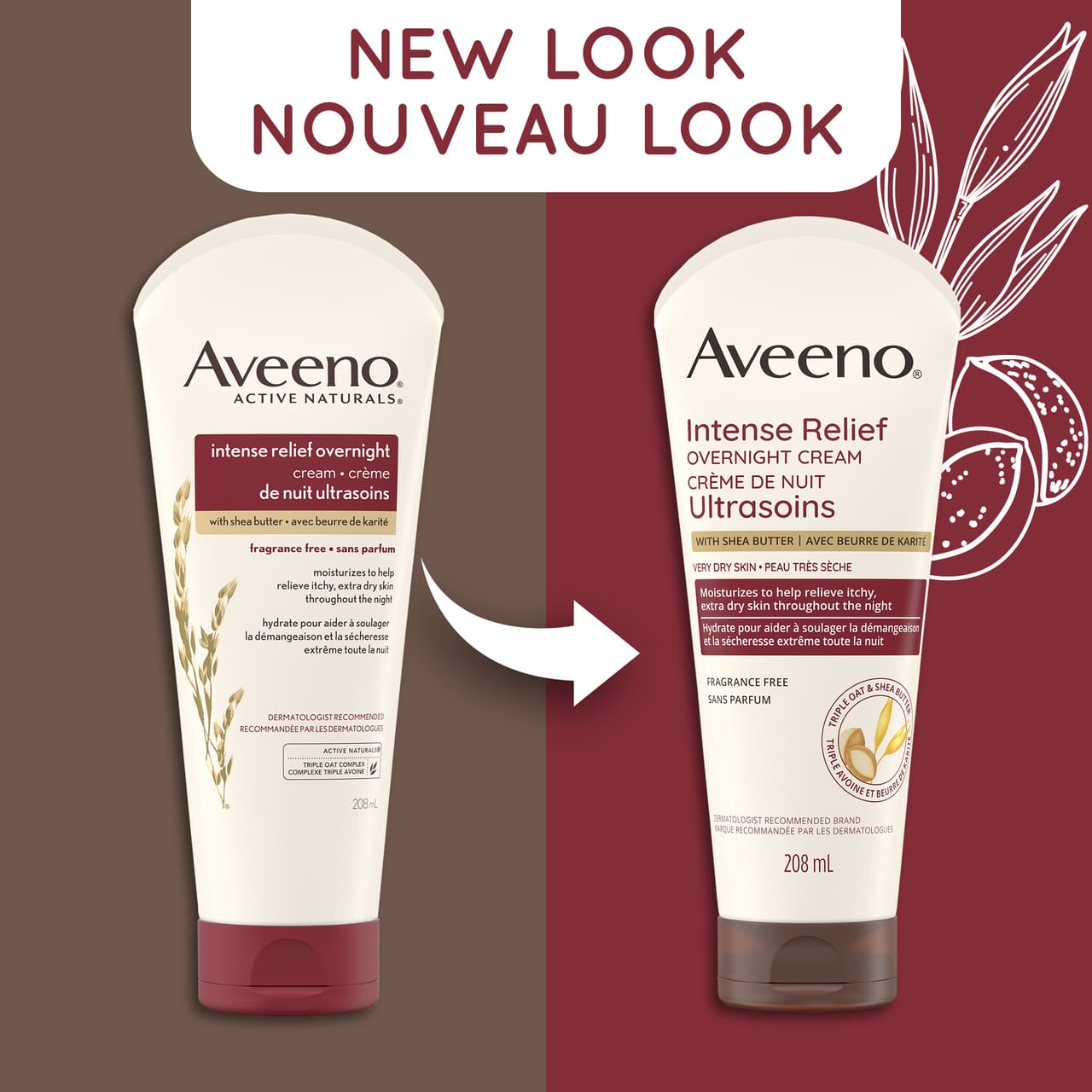 New and old packaging of AVEENO® Intense Relief Overnight Cream,  208 mL with a text stating 'New Look'