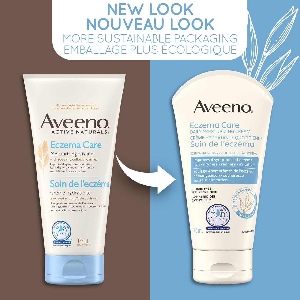New and old packaging of AVEENO® Eczema Care Moisturizing Cream,  166 mL with a text stating 'New Look'