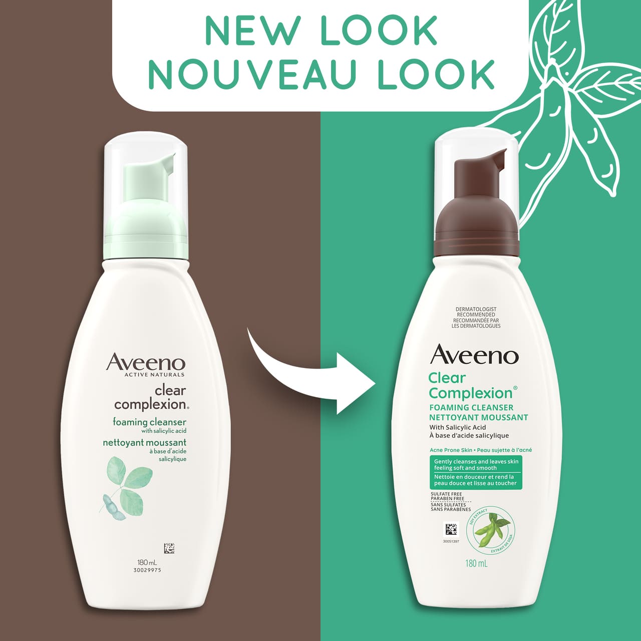 Old and new packaging of AVEENO® Clear Complexion Foaming Cleanser,  180 mL bottles, with text 'new look'