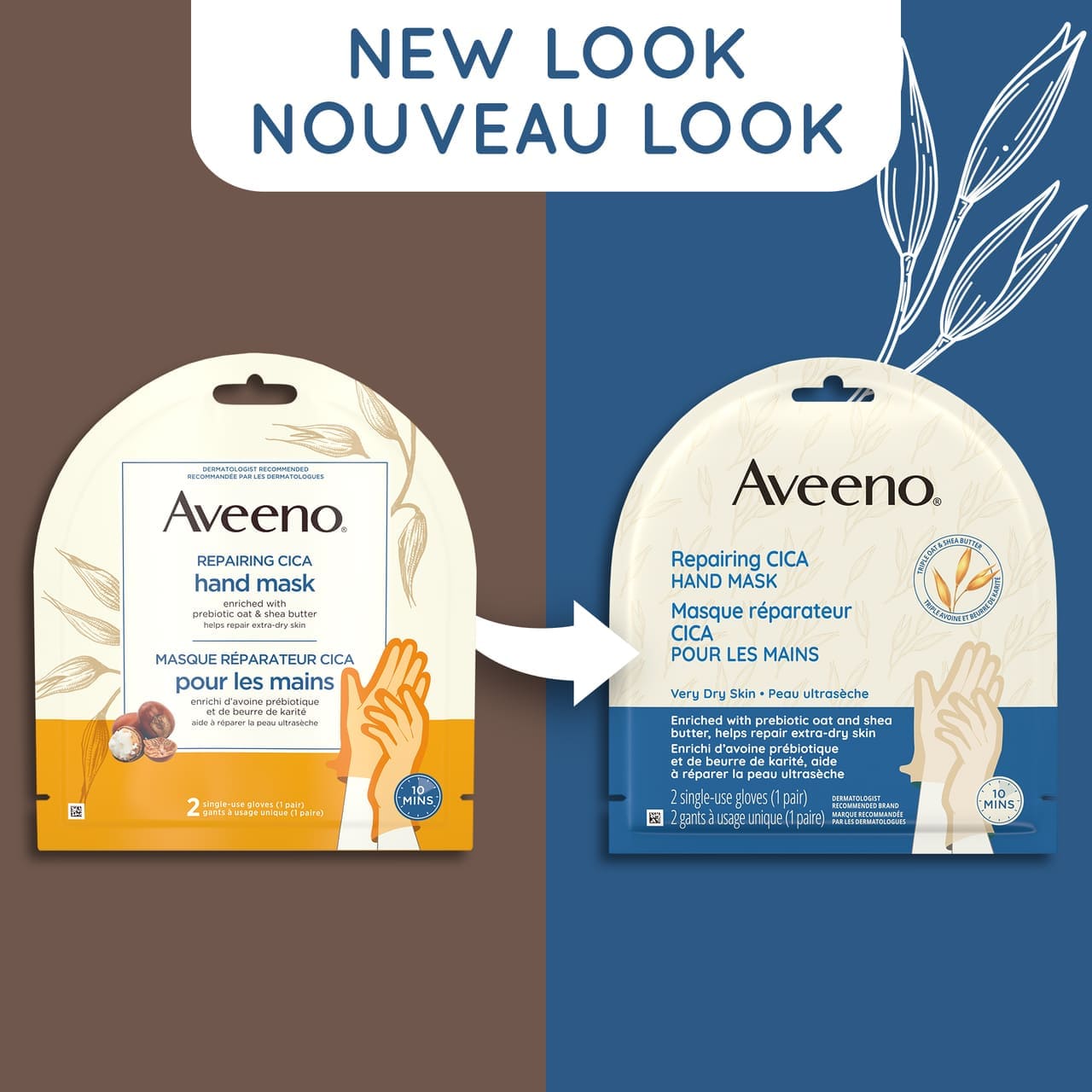 Old and new packaging of AVEENO® Repairing CICA Hand Mask, 2 count, with text 'new look'