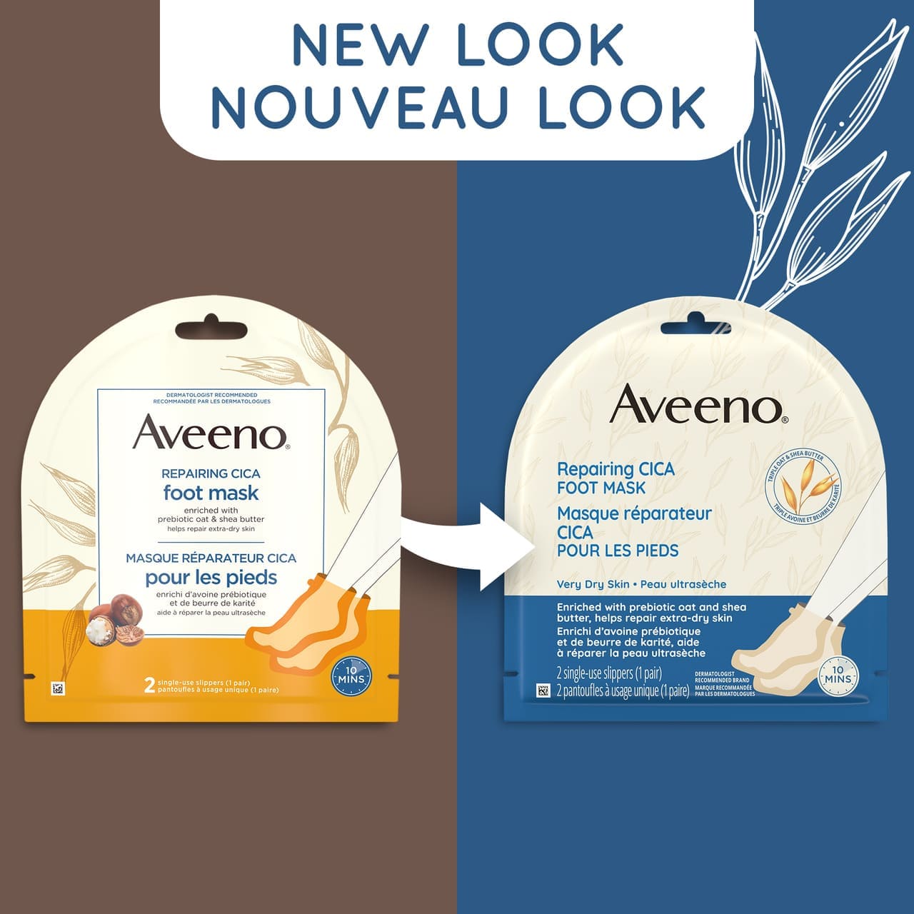 Old and new packaging of AVEENO® Repairing CICA Foot Mask, 2 count, with text 'new look'