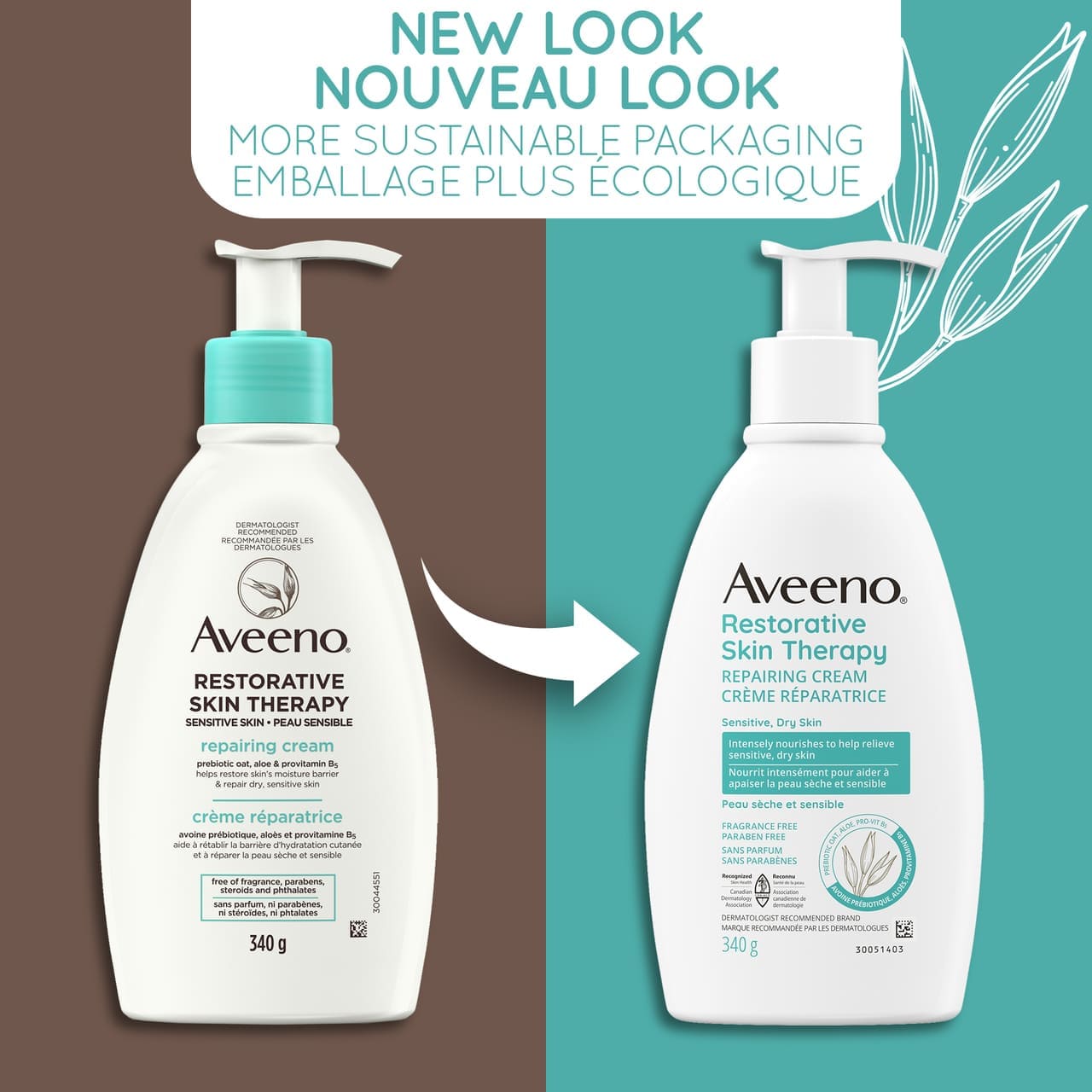Old and new packaging of AVEENO® Restorative Skin Therapy Repairing Cream, 340 mL bottles, with text 'new look'
