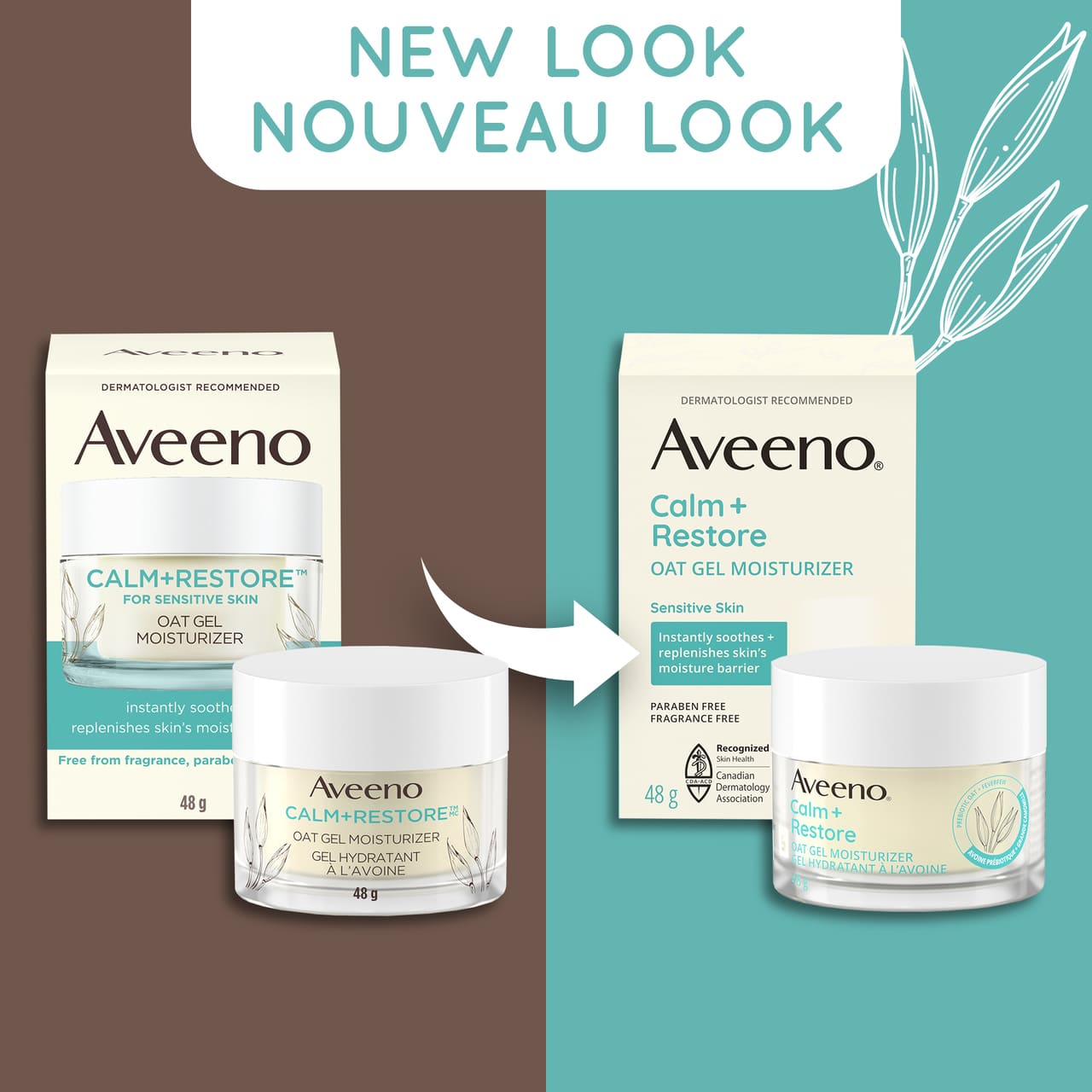 Old and new packaging of AVEENO® Calm + Restore Oat Gel Moisturizer, 48 g jar, with text 'new look'