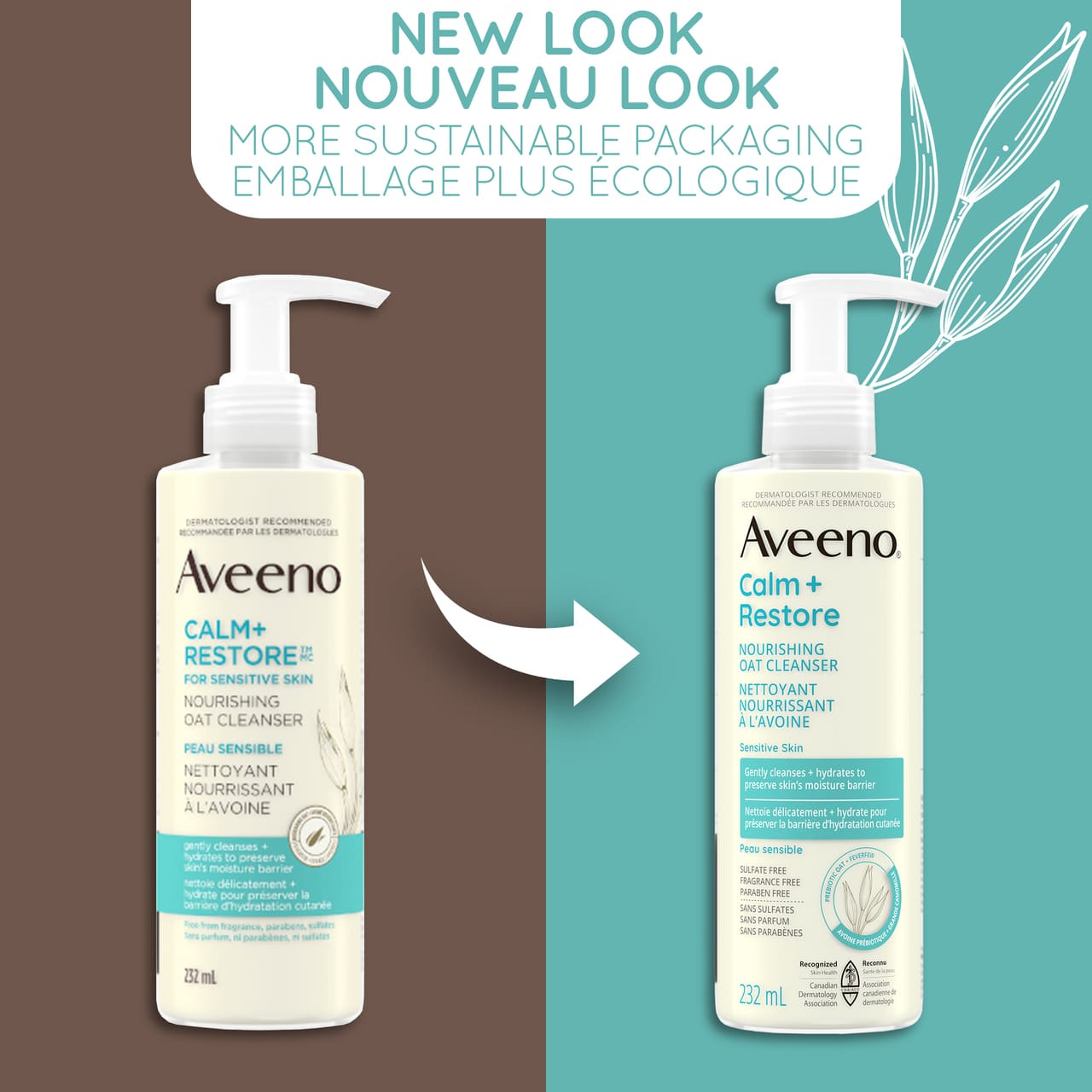 Old and new packaging of AVEENO® Calm + Restore Nourishing Oat Cleanser, 232mL pump bottle, with text 'new look'