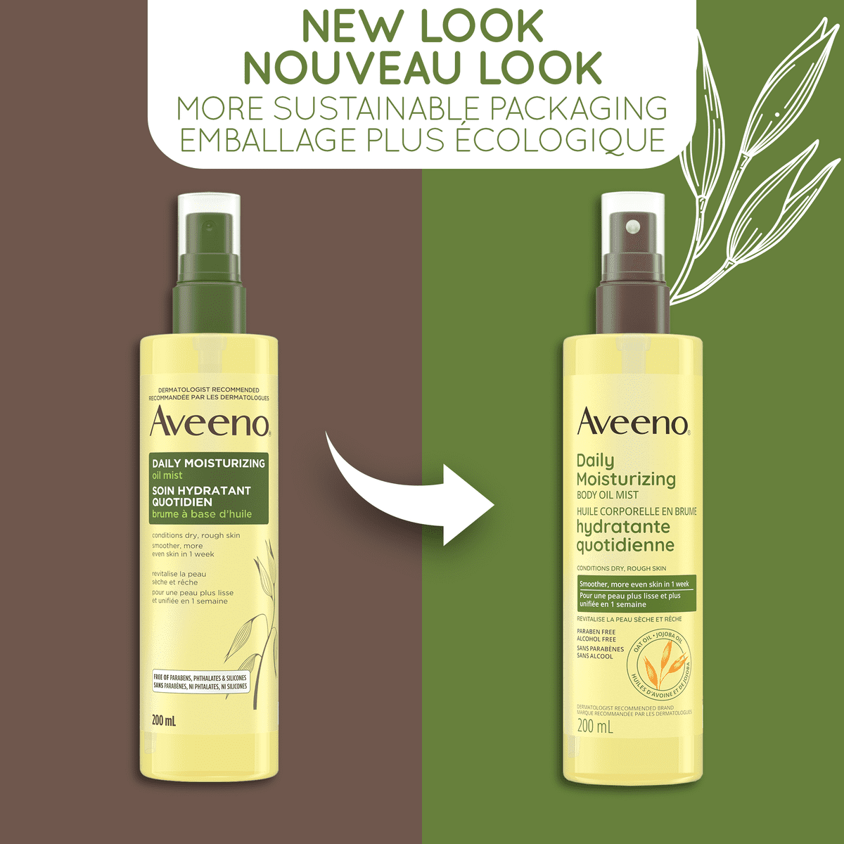 Old and new packaging of AVEENO® Daily Moisturizing Oil Mist, spray bottle, 200 mL, with text 'new look'