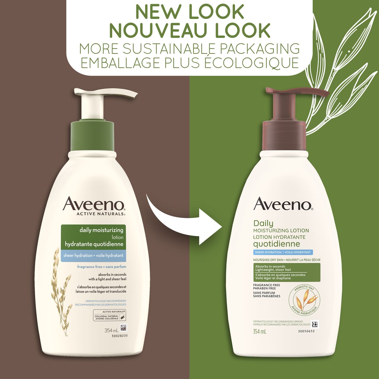Old and new packaging of AVEENO® Daily Moisturizing Lotion Sheer Hydration, 532 mL bottles, with text 'new look'