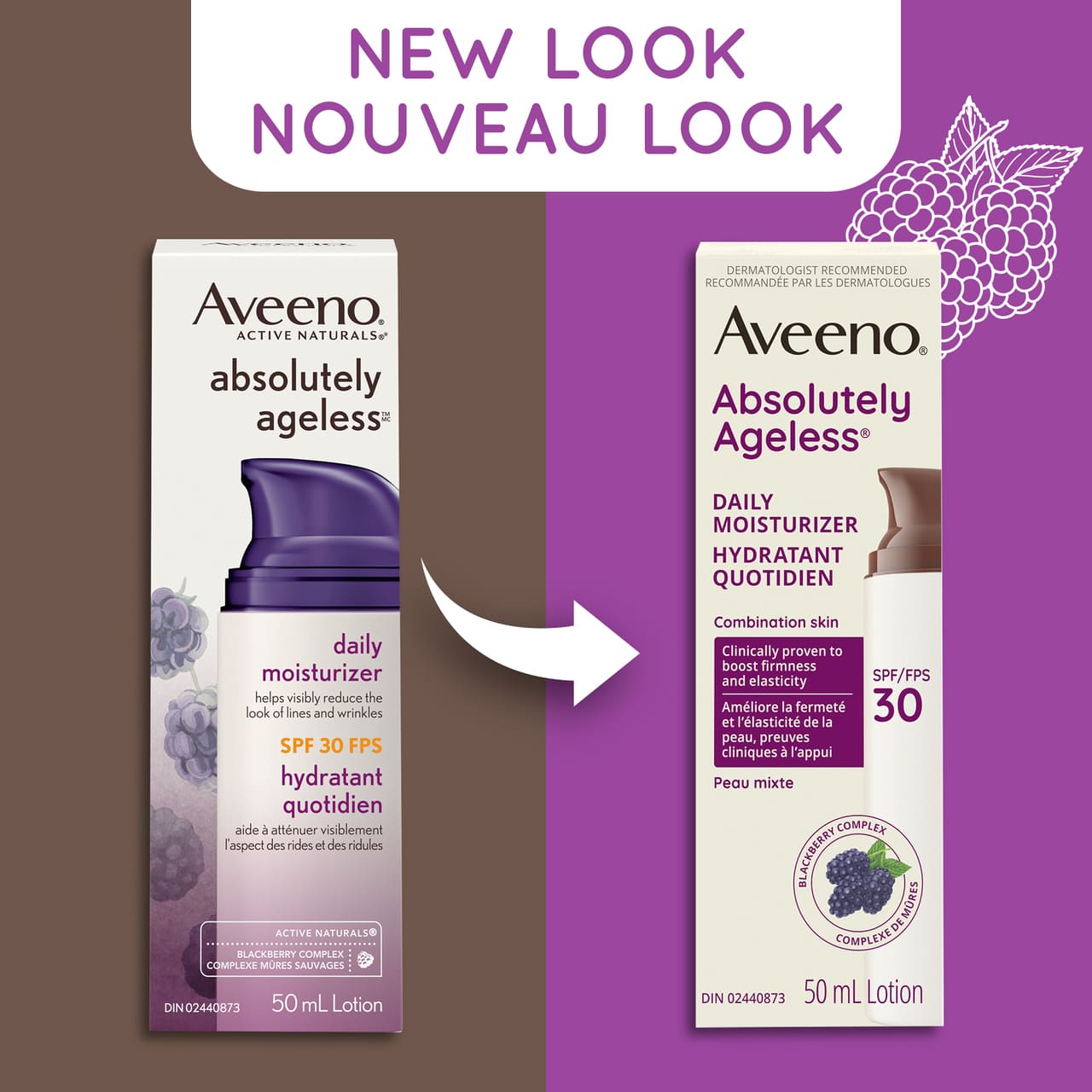 Old and new packaging of AVEENO® Absolutely Ageless Daily Moisturizer SPF 30, 50 mL bottles, with text 'new look'