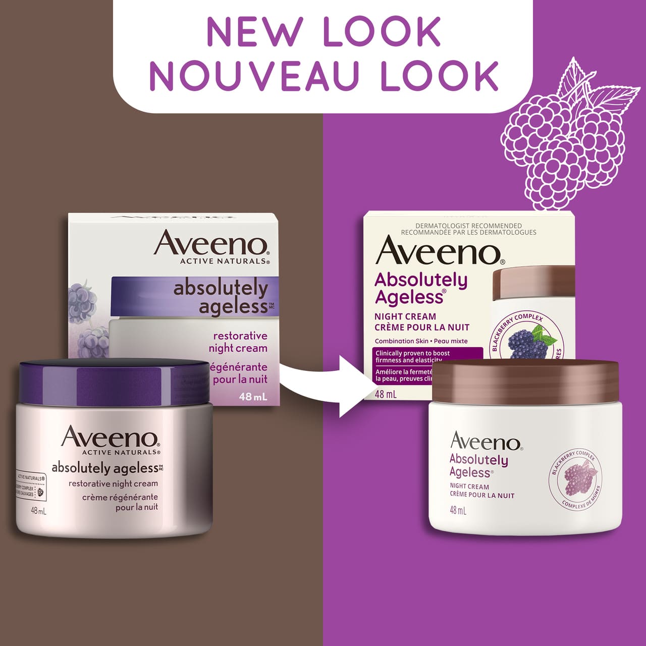 New and old packaging of AVEENO® Absolutely Ageless Restorative Night Cream, 48 mL with a text stating 'New Look'