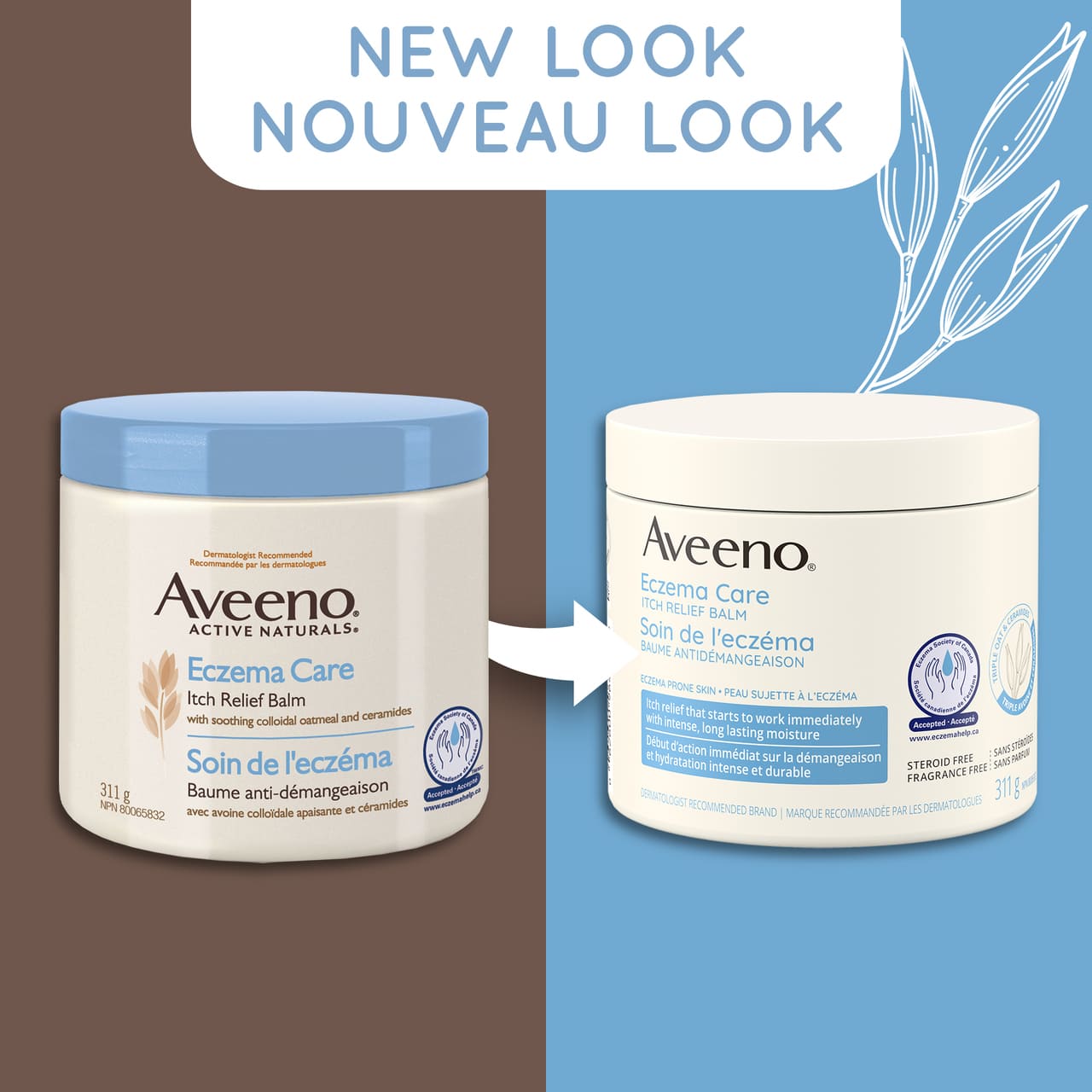 Old and new packaging of AVEENO® Eczema Care Itch Relief Balm, 311g jar, with text 'new look'