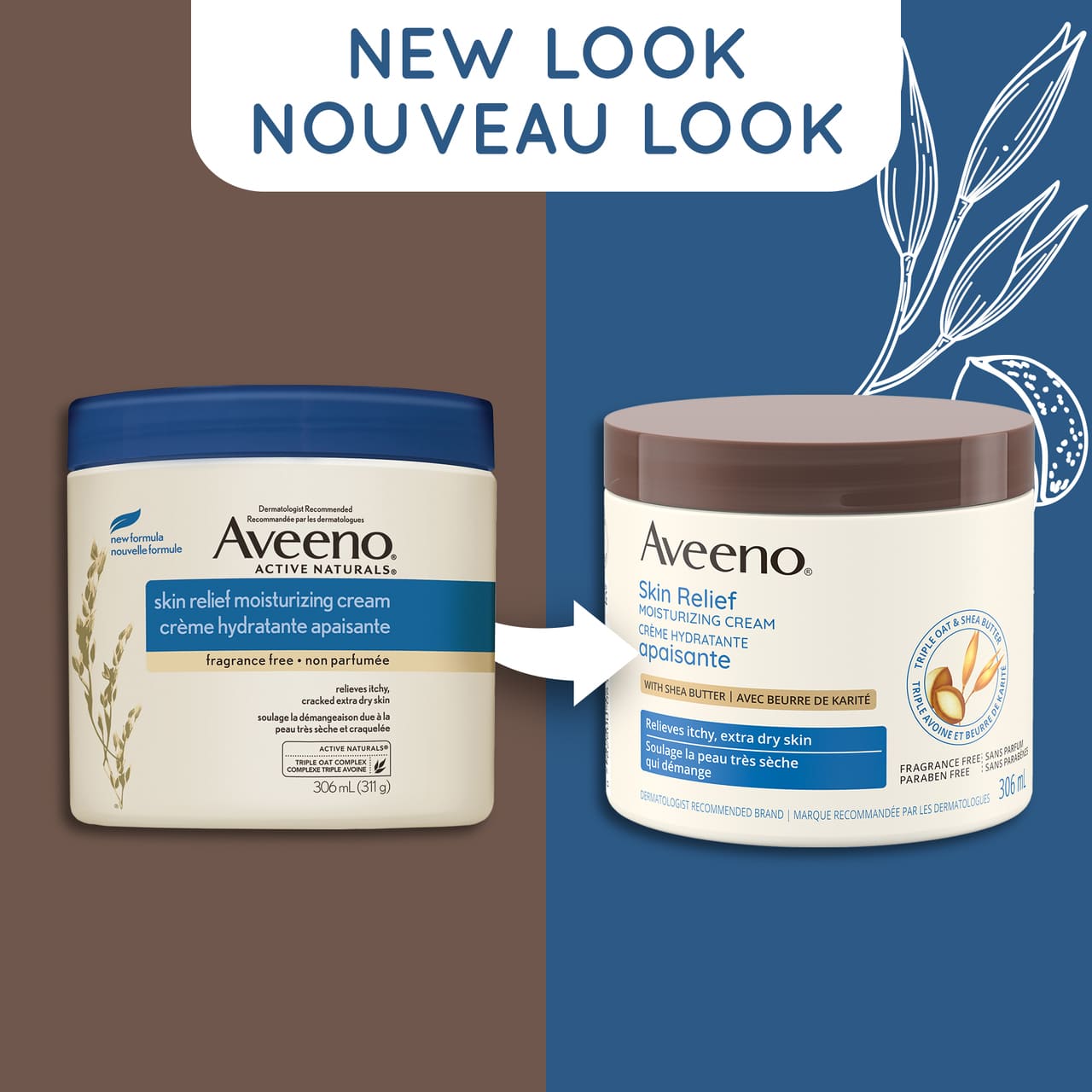 New and old packaging of AVEENO® Skin Relief Moisturizing Cream,  306 mL with a text stating 'New Look'