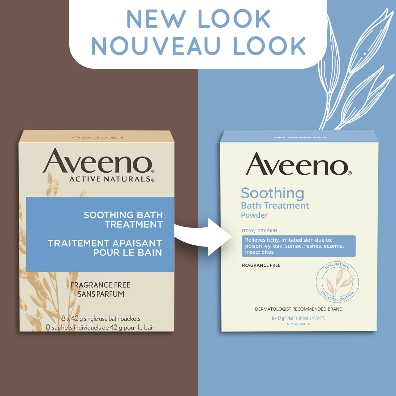 New and old packaging of AVEENO® Soothing Bath Treatment,  8 x 42g each with a text stating 'New Look'