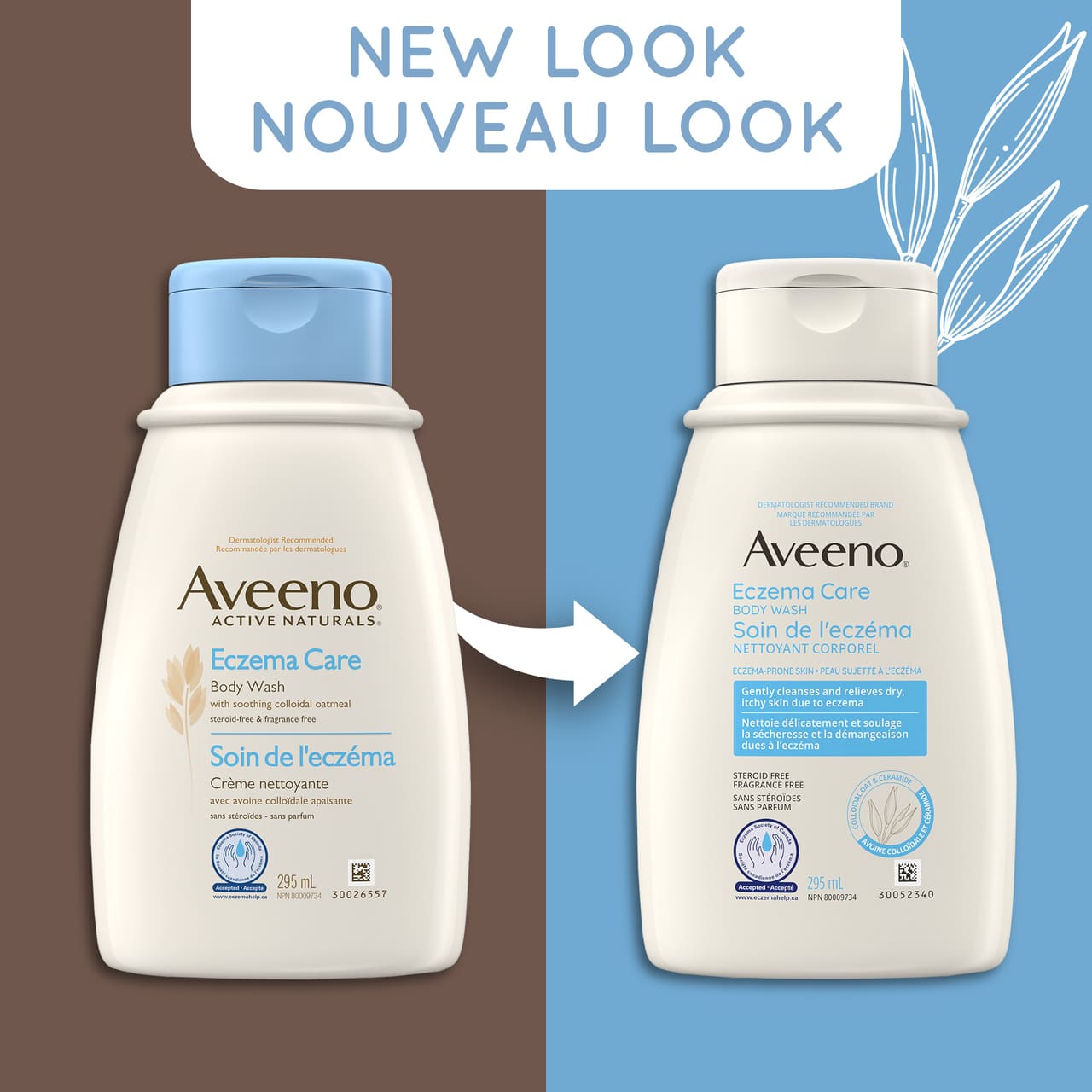 Old and new packaging of AVEENO® Eczema Care Body Wash, 295 mL bottles, with text 'new look'