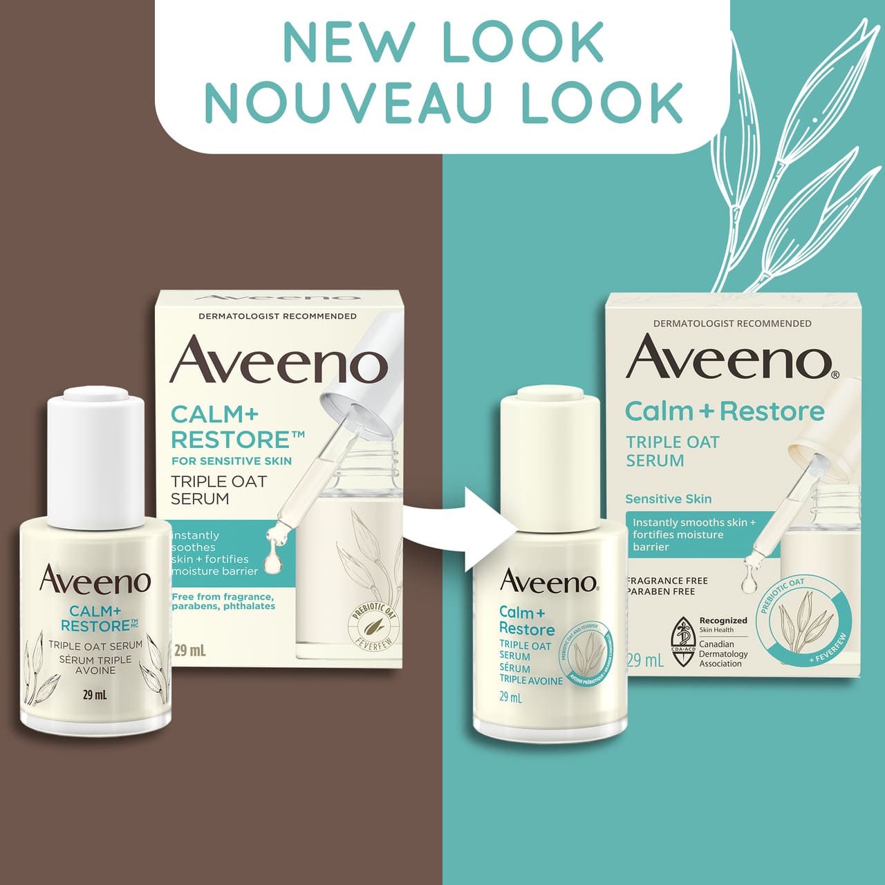Old and new packaging of AVEENO® Calm + Restore Triple Oat Serum, 29mL bottle, with text 'new look'