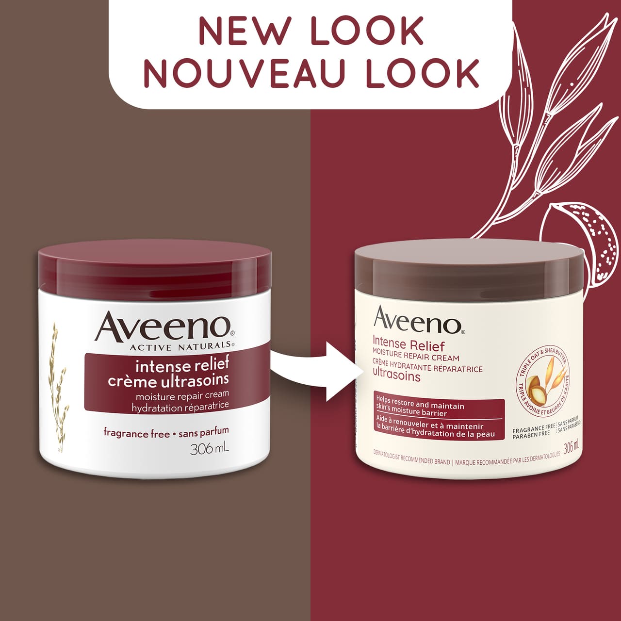 Old and new packaging of AVEENO® Intense Relief Moisture Repair Cream, 306 mL jar, with text 'new look'