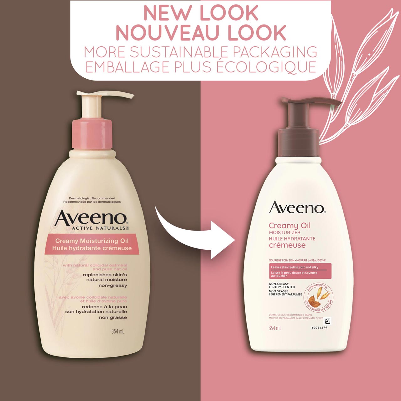 An old and a new packaging of Aveeno Creamy Moisturizing Oil pump bottle, 354mL and a text stating 'New Look, More Sustainable Packaging'