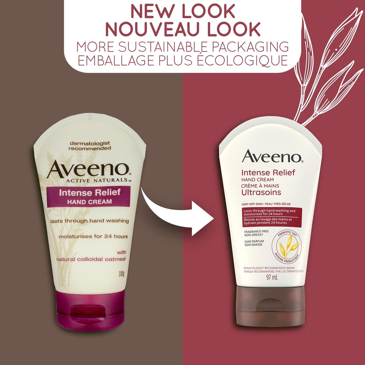 An old and a new packaging of Aveeno Intense Relief Hand Cream squeeze tube, 97mL and a text stating 'New Look, More Sustainable Packaging'