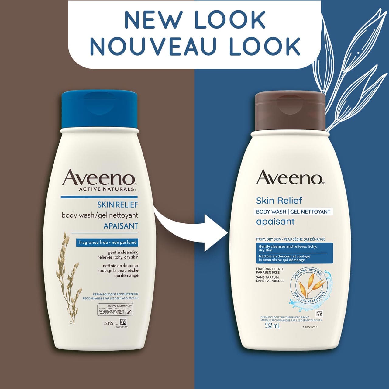 An old and a new packaging of Aveeno Skin Relief Body Wash Fragrance Free squeeze bottle, 532mL and a text stating 'New Look'