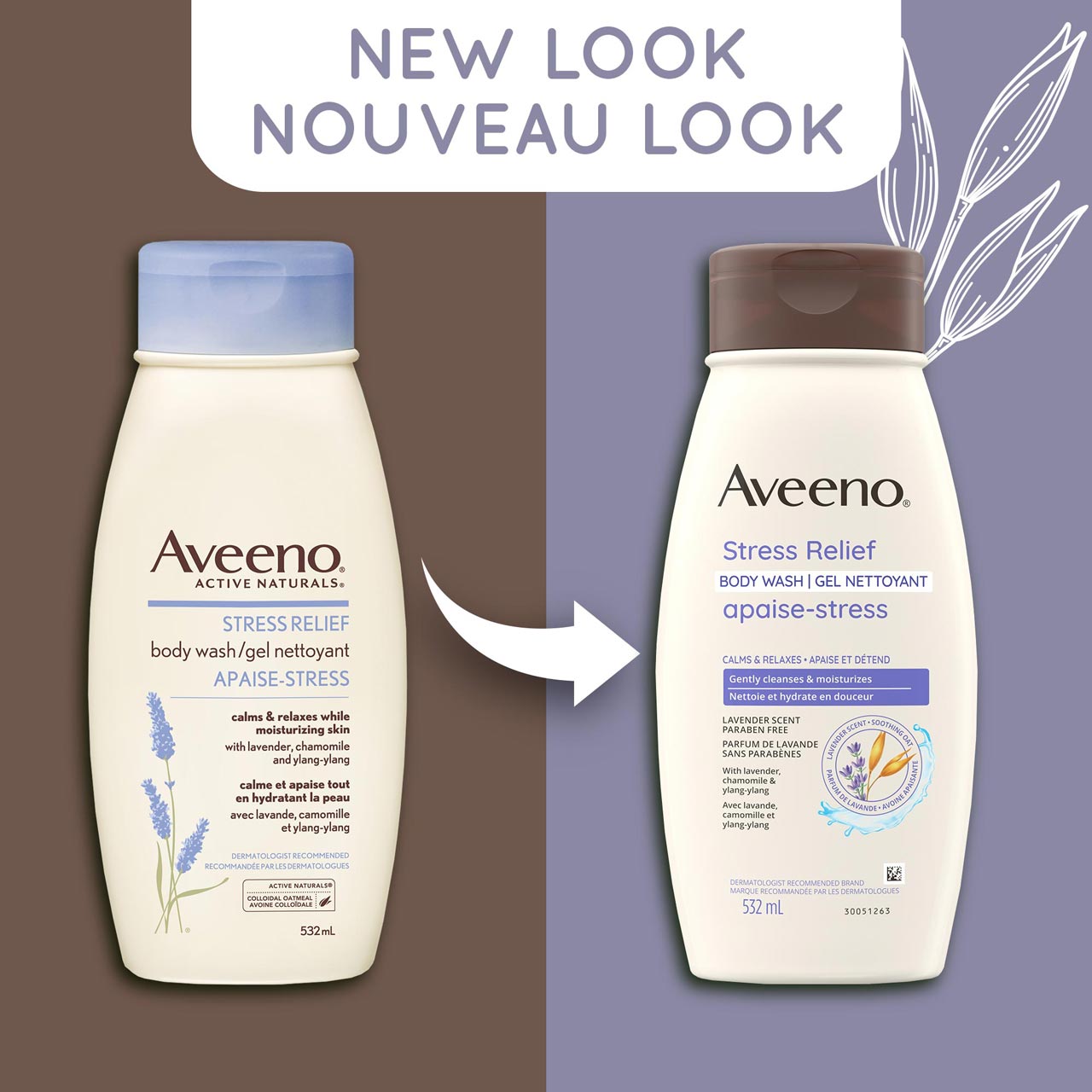 An old and a new packaging of Aveeno Stress Relief Body Wash squeeze bottle, 532mL and a text stating 'New Look'