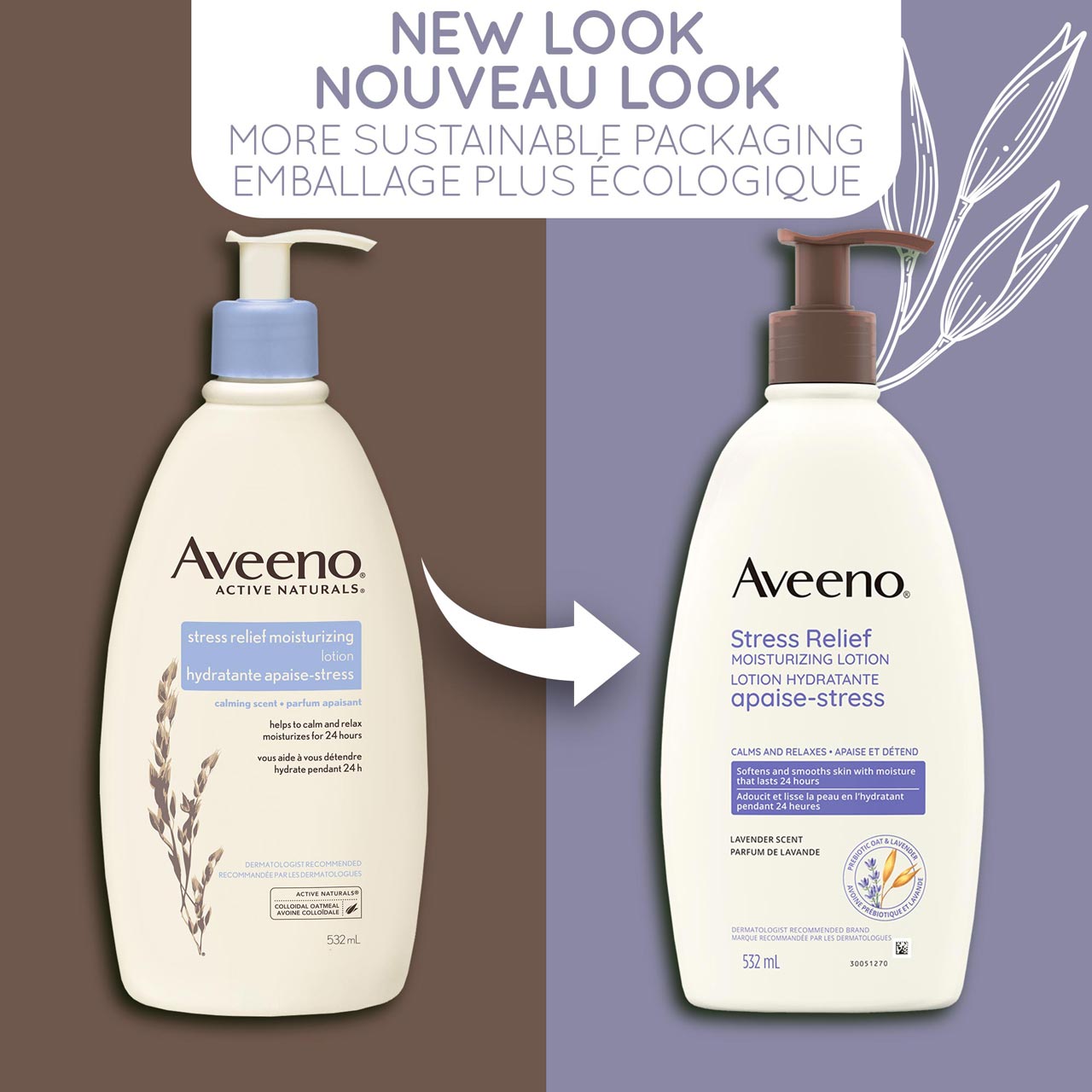 An old and a new packaging of Aveeno Stress Relief Moisturizing Lotion pump bottle, 532mL and a text stating 'New Look, More Sustainable Packaging'