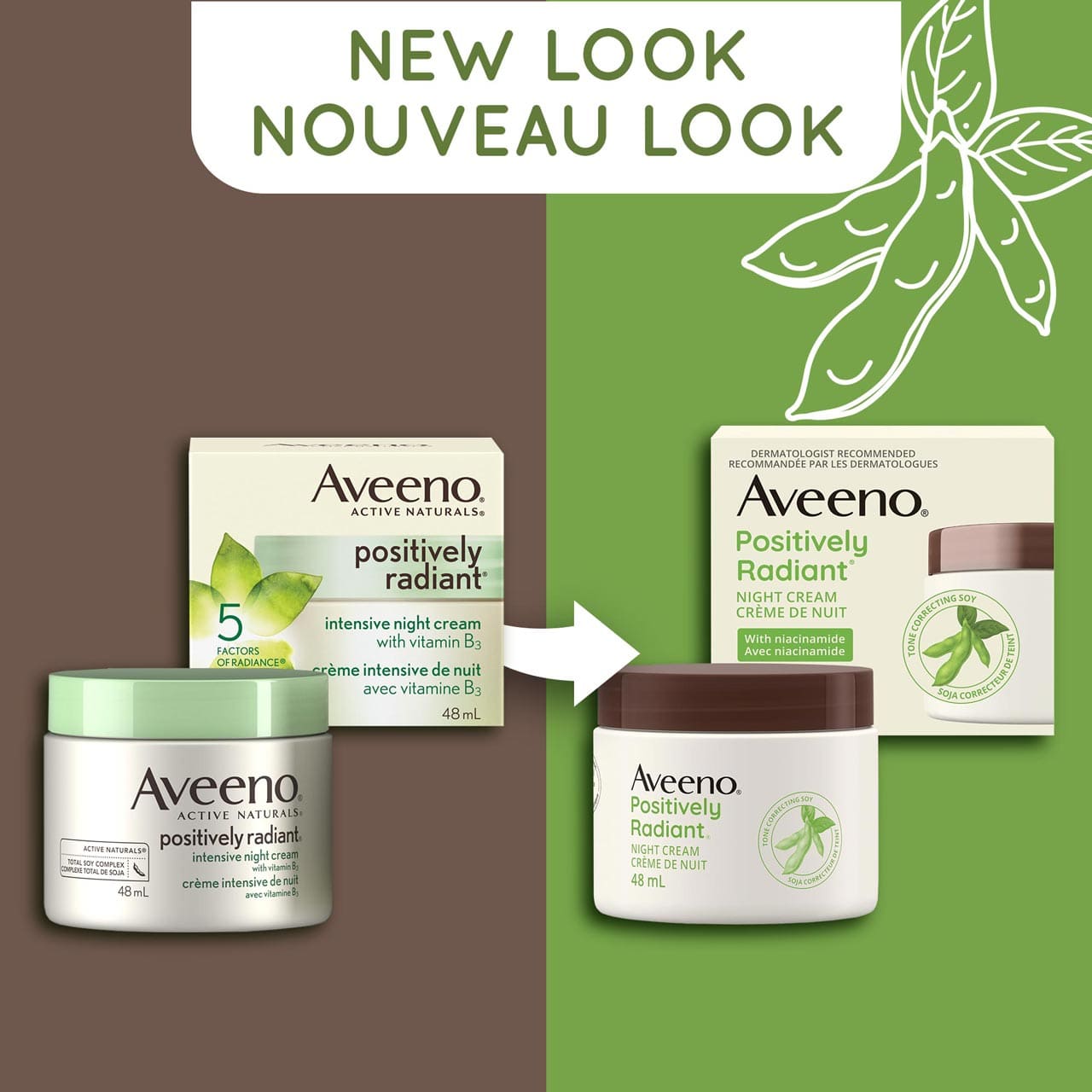 An old and a new packaging of Aveeno Positively Radiant Intensive Night Cream jar, 48mL and a text stating 'New Look'