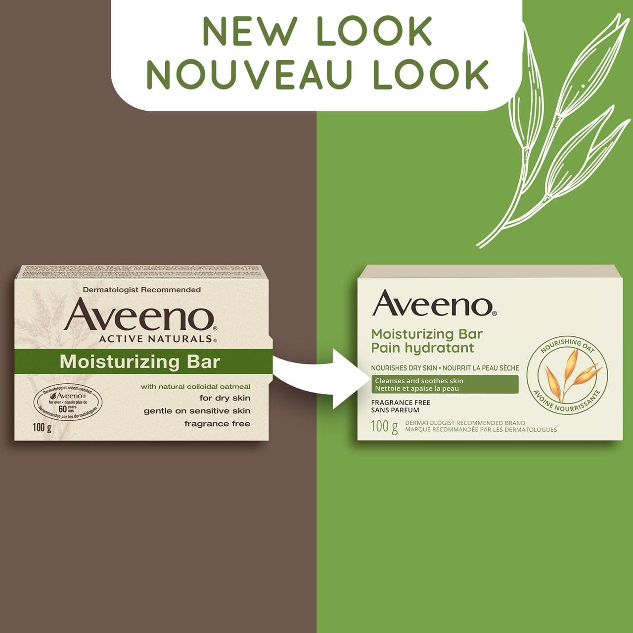 An old and a new packaging of Aveeno Moisturizing Bar, 100 g and a text stating 'New Look'