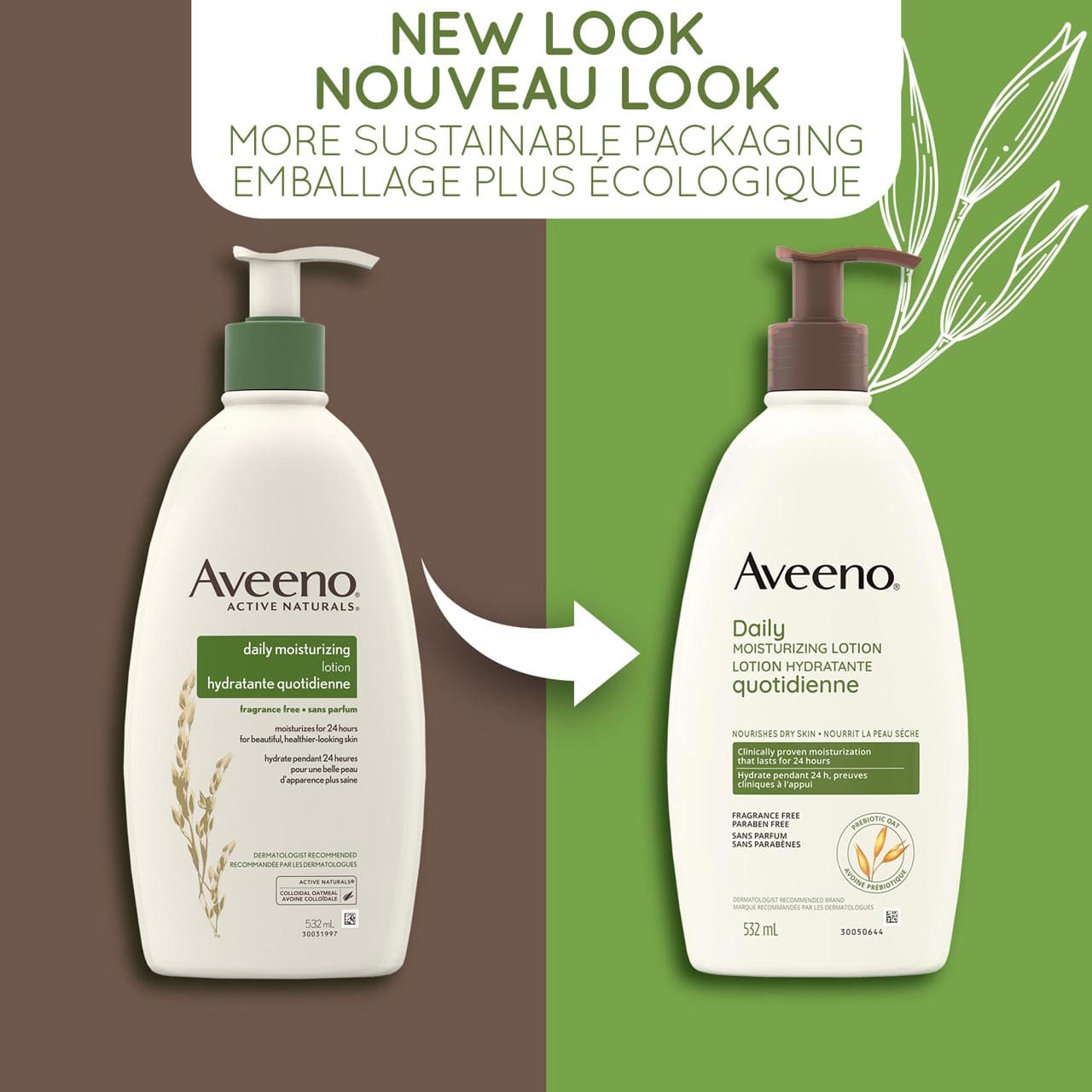 An old and a new packaging of Aveeno Daily Moisturizing Lotion pump bottle, 532mL and a text stating 'New Look, More Sustainable Packaging'