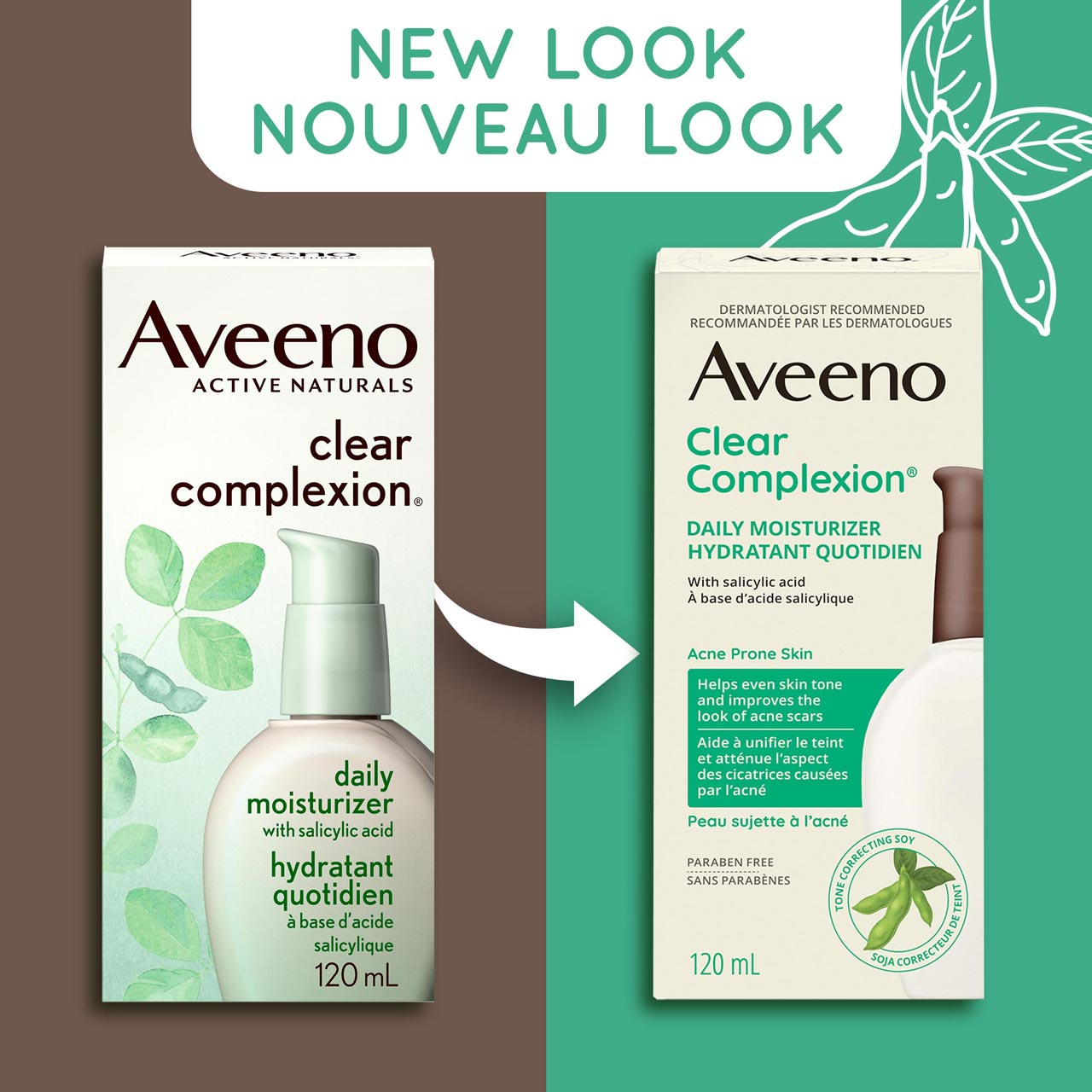 An old and a new packaging of Aveeno Clear Complexion Daily Moisturizer Lotion pump bottle, 120mL and a text stating 'New Look'