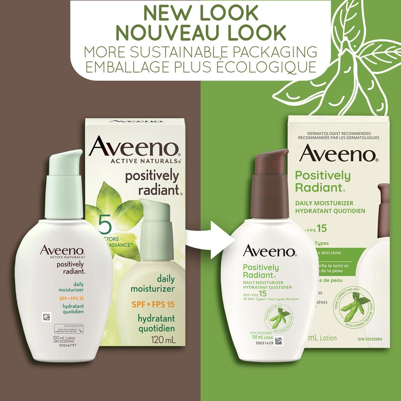An old and a new packaging of Aveeno Positively Radiant Daily Moisturizer SPF 15 pump bottle, 120mL and a text stating 'New Look, More Sustainable Packaging'