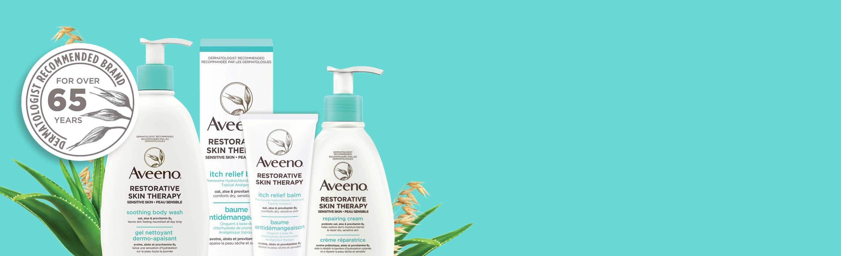 New AVEENO® Restorative Skin Therapy Collection of Products Banner