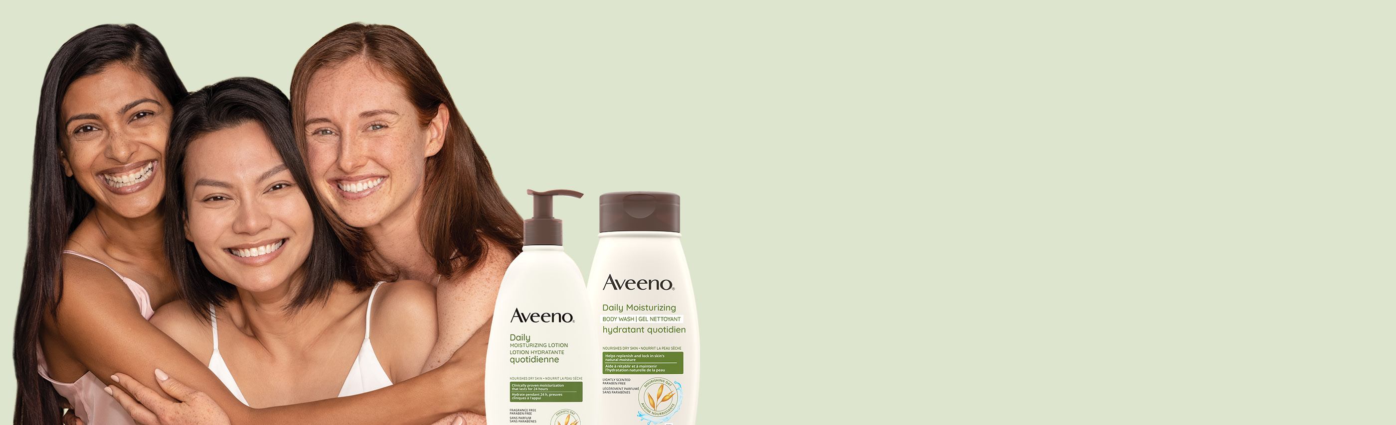 3 women from different ethnicities and 2 AVEENO® Daily Moisturizing Products