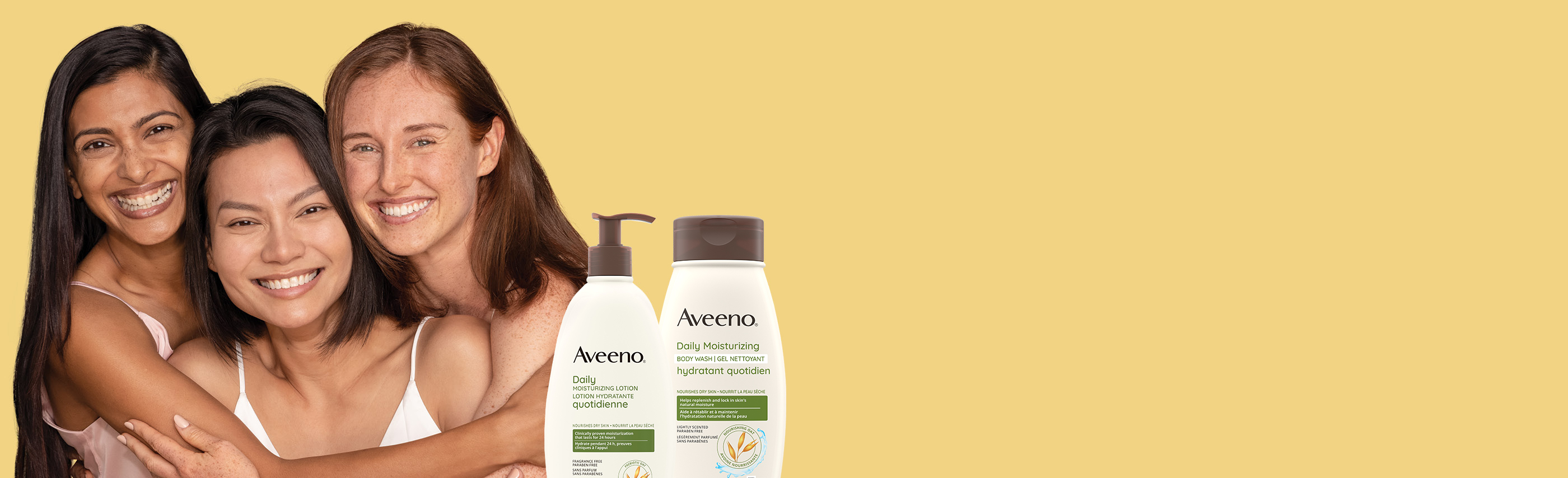 3 women from different ethnicities and 2 AVEENO® Daily Moisturizing Products