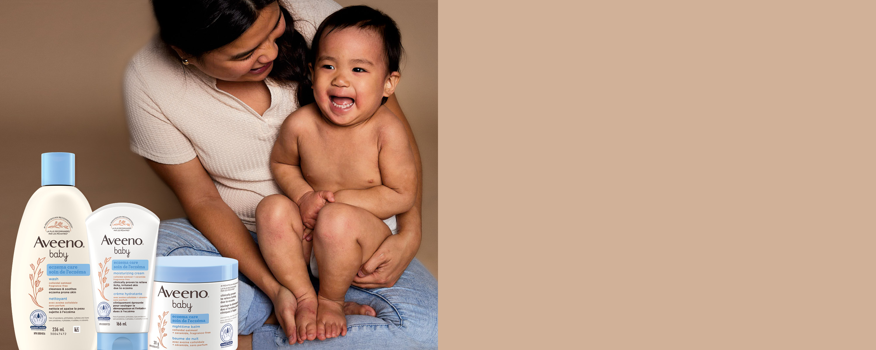Banner with three Aveeno Baby eczema products and a young mother holding her baby at the background.