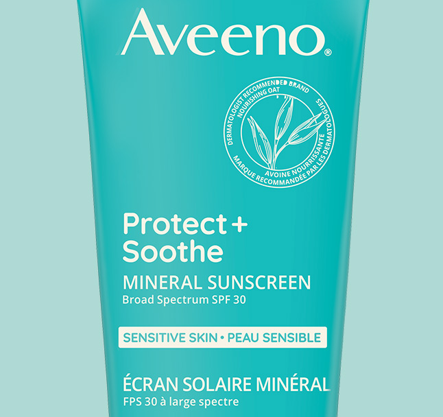 A close up of AVEENO®  Protect and Soothe Mineral Sunscreen SPF 30, squeeze tube