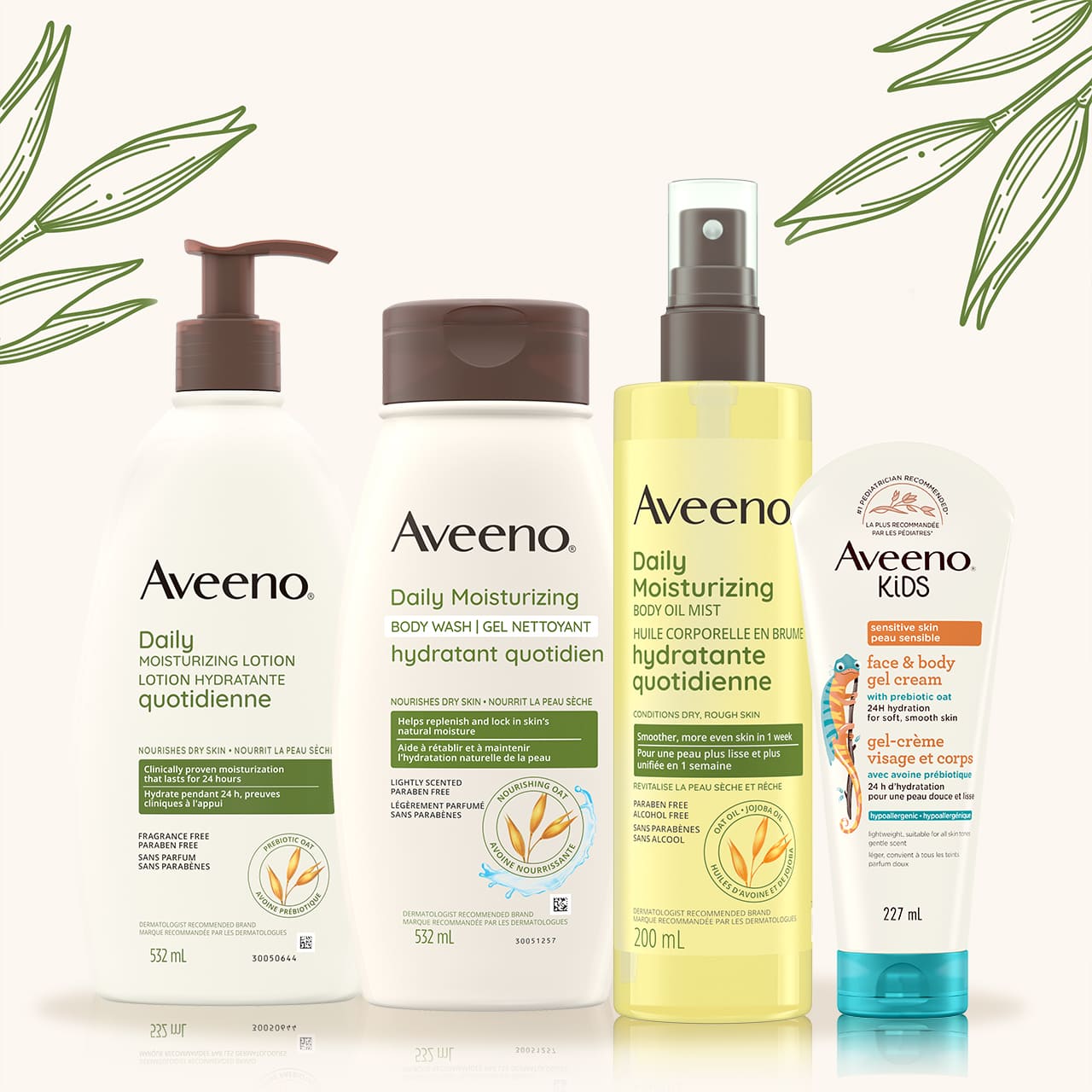 Assortment of three Aveeno Daily Moisturizing products and the Aveeno Kids Face & Body Gel Cream