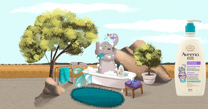 Sage the Elephant bathing with the Aveeno® Kids Face & Body Wash